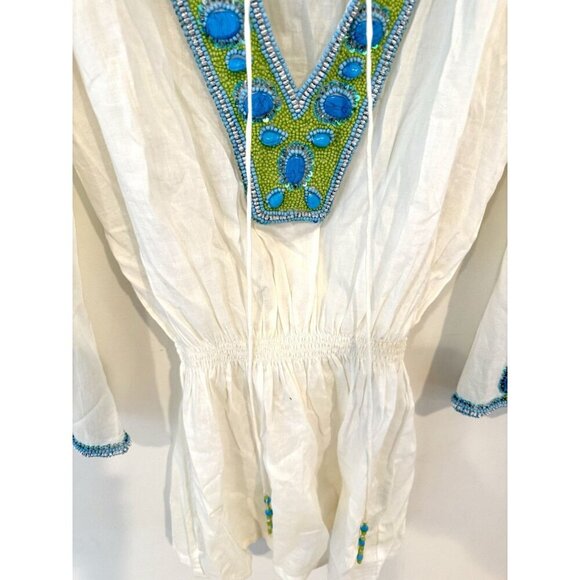 Elizabeth Hurley Beach White Swim Cover Tunic Blue Green Beads Small - Picture 7 of 9